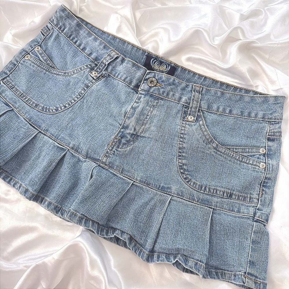 Angels Y2K Pleated Denim Mini Skirt Light Wash Size 15 Vintage Style